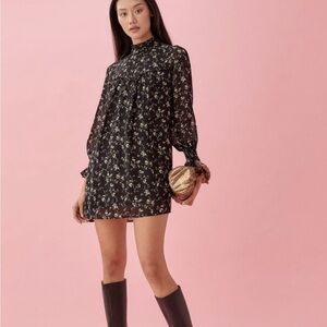 REFORMATION JOURDAN BLACK FLORAL LONG SLEEVE MINI DRESS SIZE M